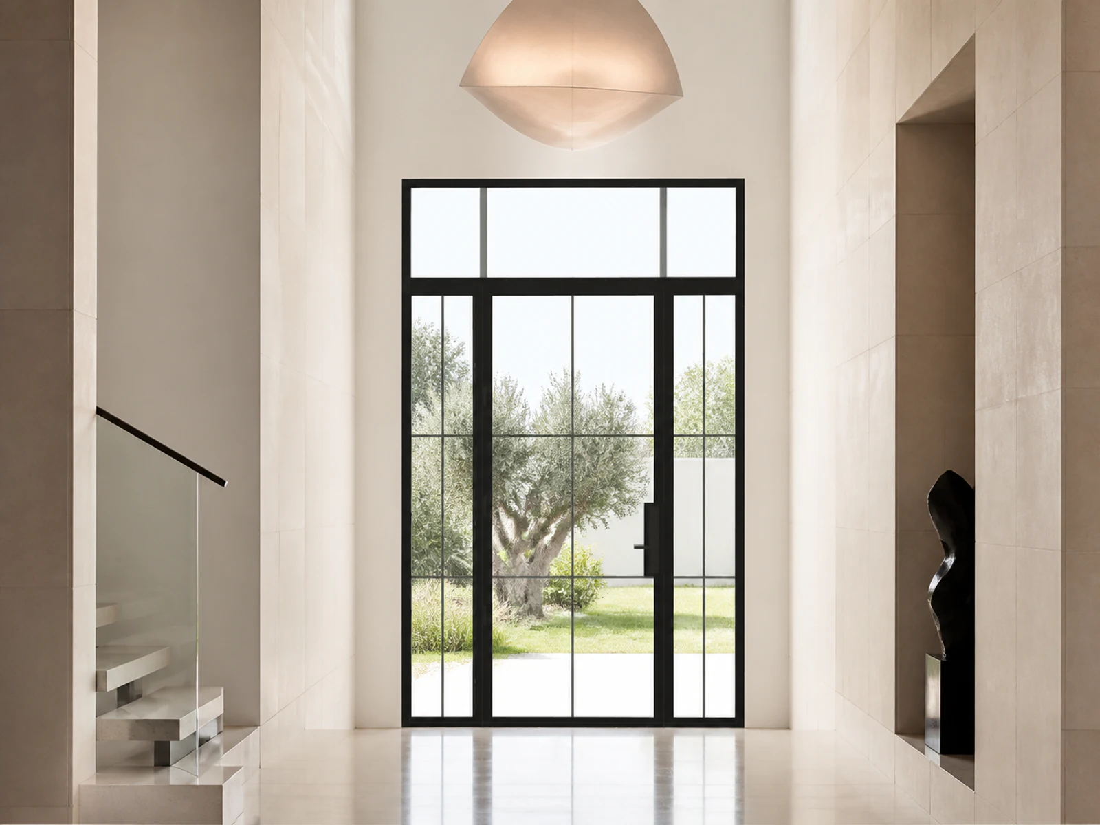 Photorealistic concept room for the exact hinged entry, sidelights, and straight transom configuration