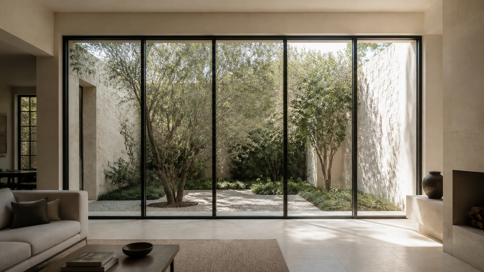 Minimal graphite steel window wall with five tall panes facing a limestone courtyard