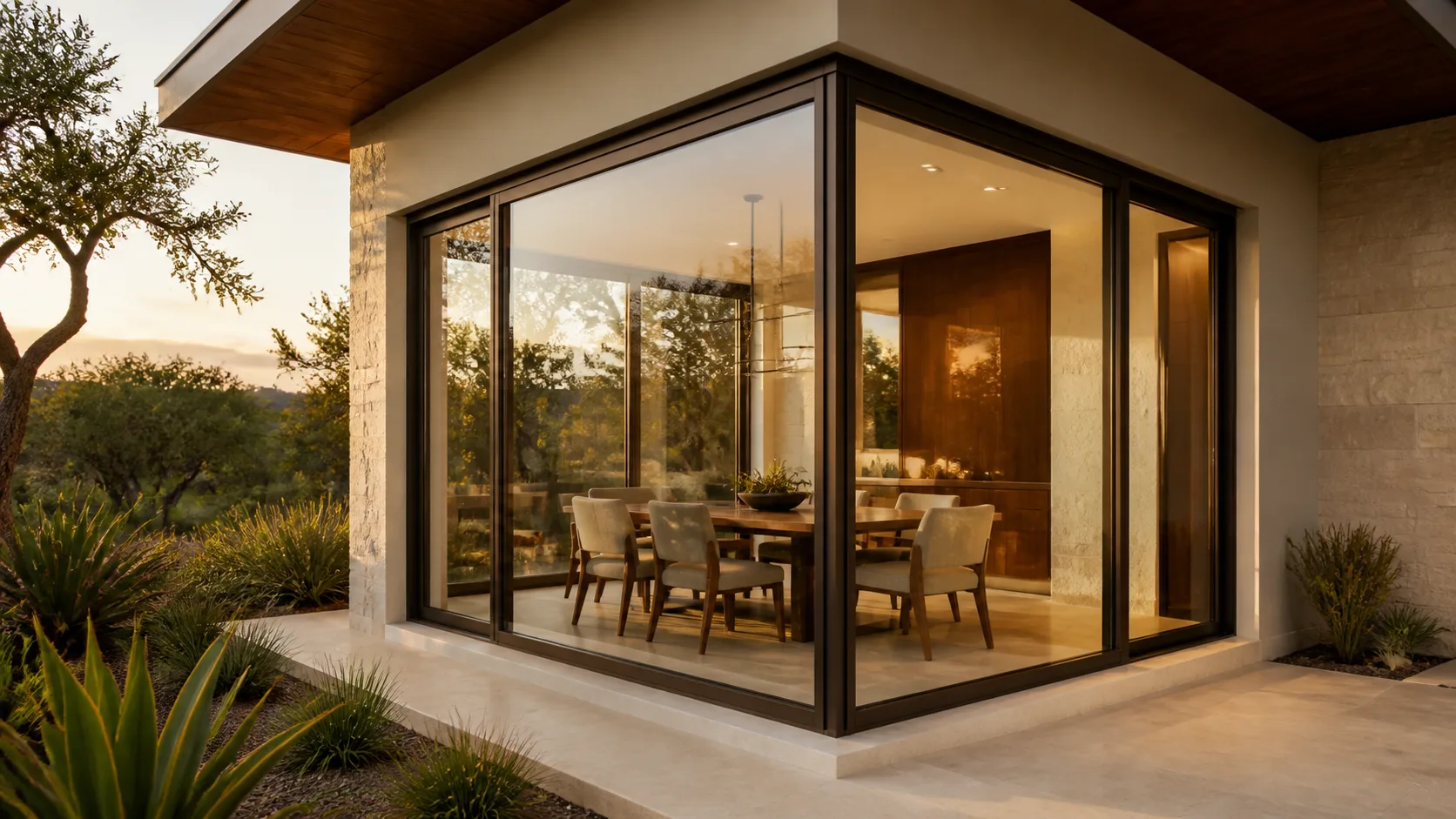 Dark-bronze corner window wrapping a refined dining room at sunset