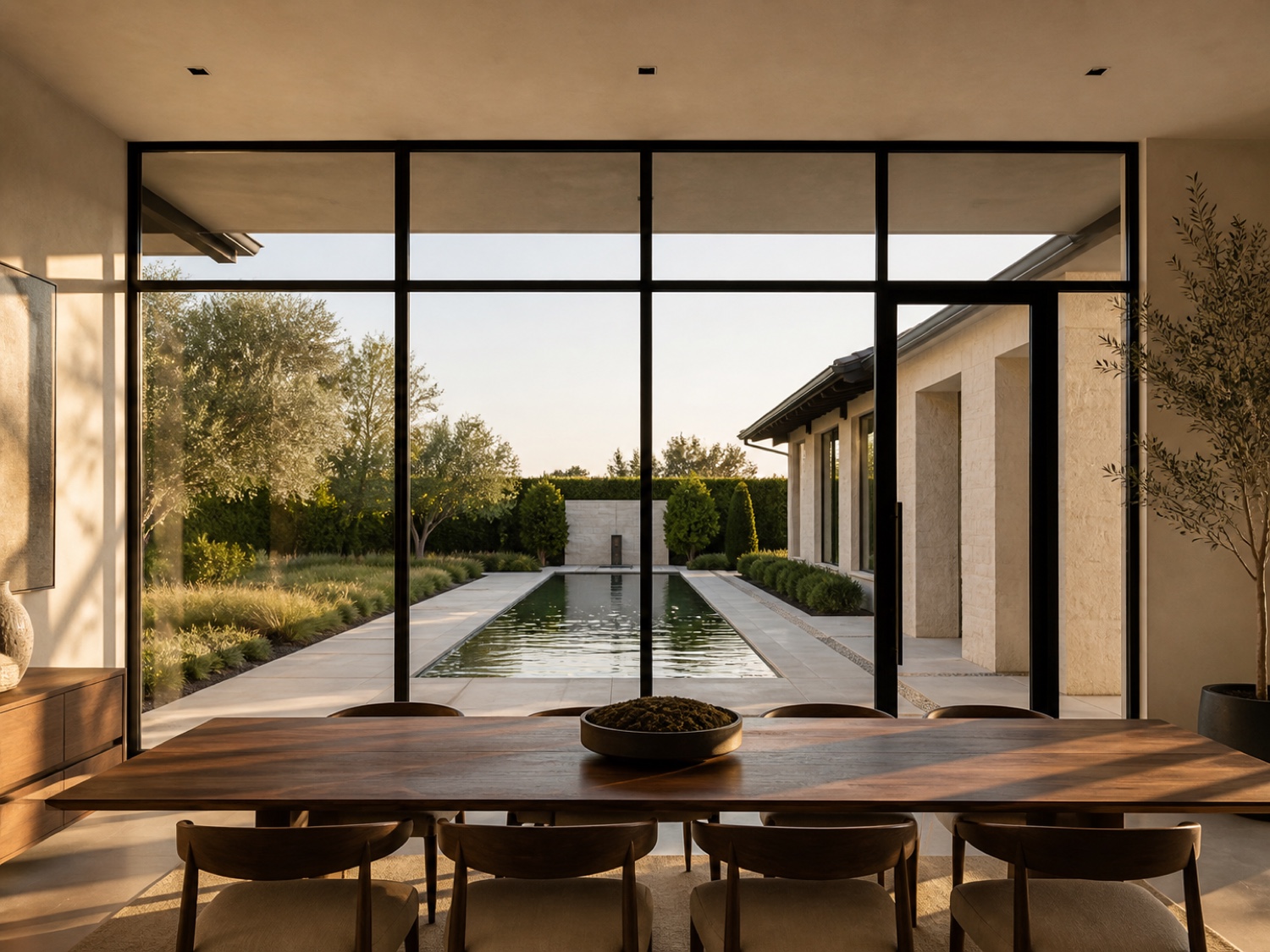 Broad black steel window wall with four bays, large panes, integrated door, and a straight transom