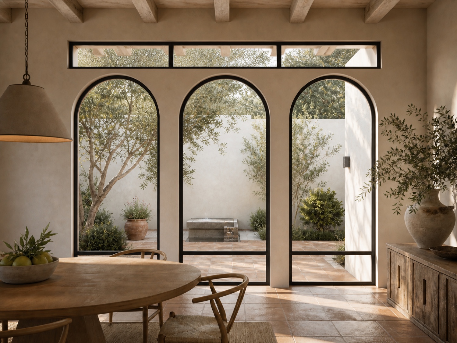 Bank of three tall arched black steel windows with continuous upper and lower transom bands