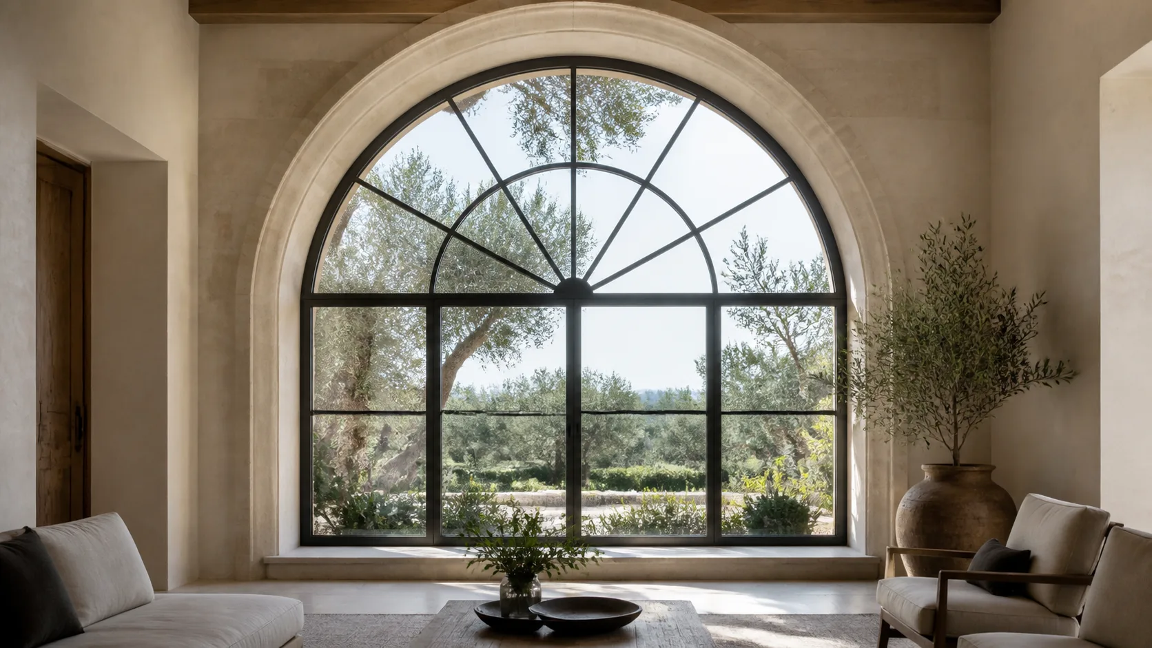 Monumental round-top steel window with radial transom in a pale limestone room