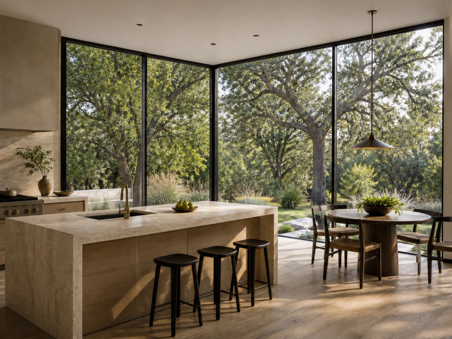 L-shaped corner black steel window wall with full-height fixed clear-glass panes and slim mullions