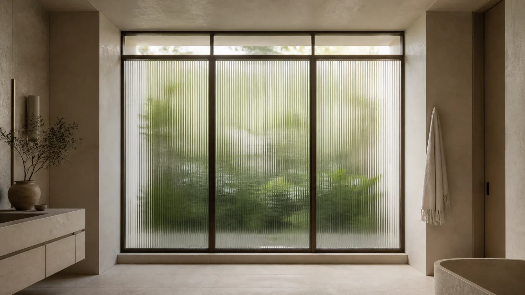 Full-height fluted-glass steel window wall with a clear clerestory band