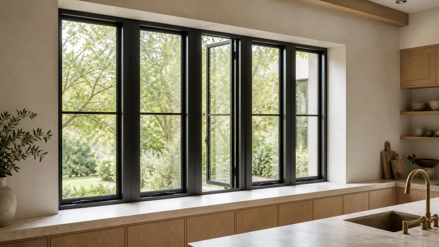 Five aligned matte-black steel casement windows in a contemporary kitchen