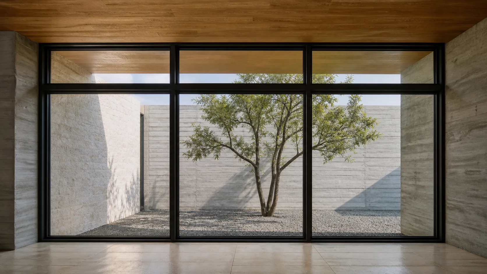 Three-bay steel courtyard window wall with a continuous clerestory band