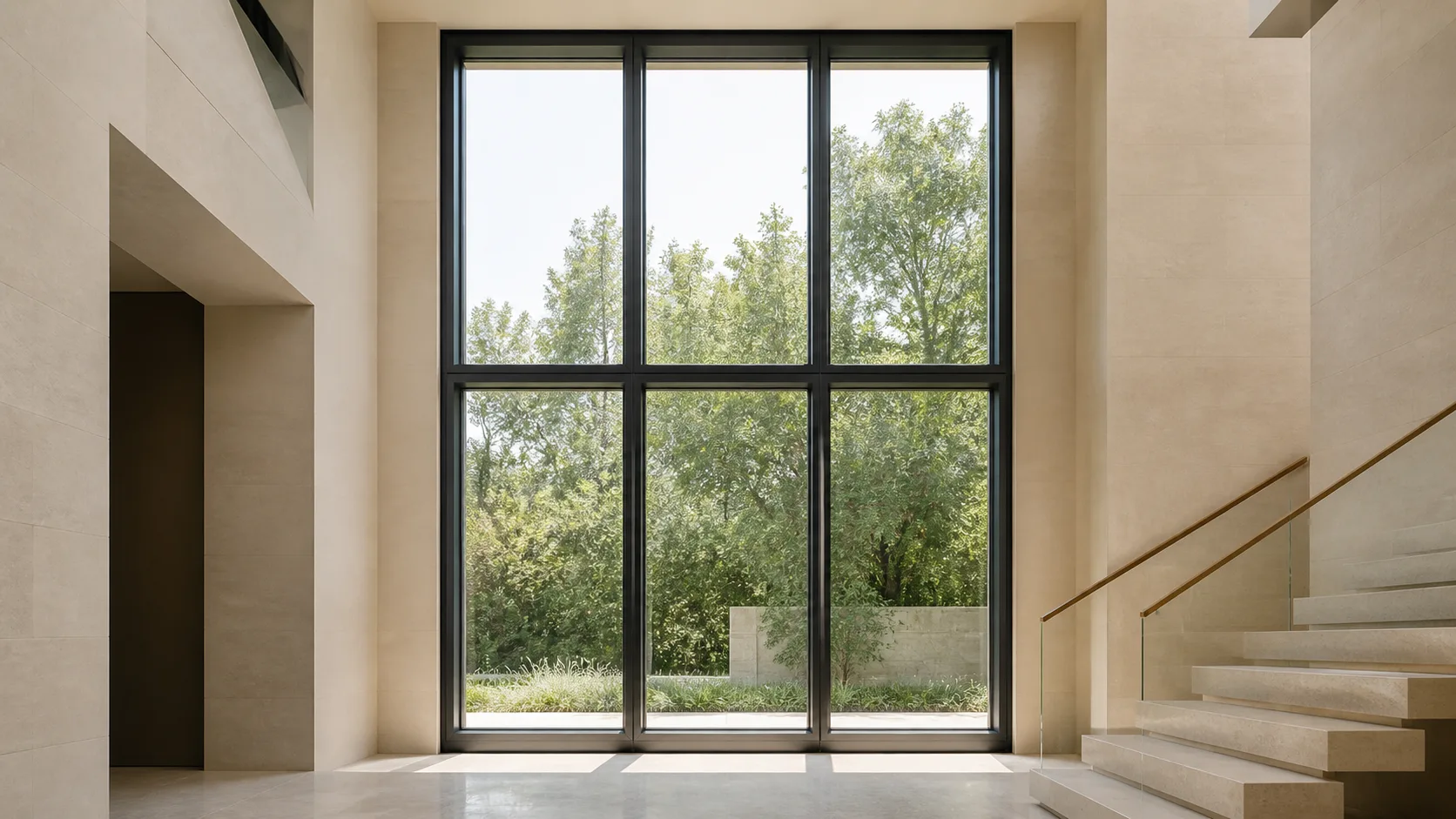 Double-height steel stairwell window with three continuous vertical bays