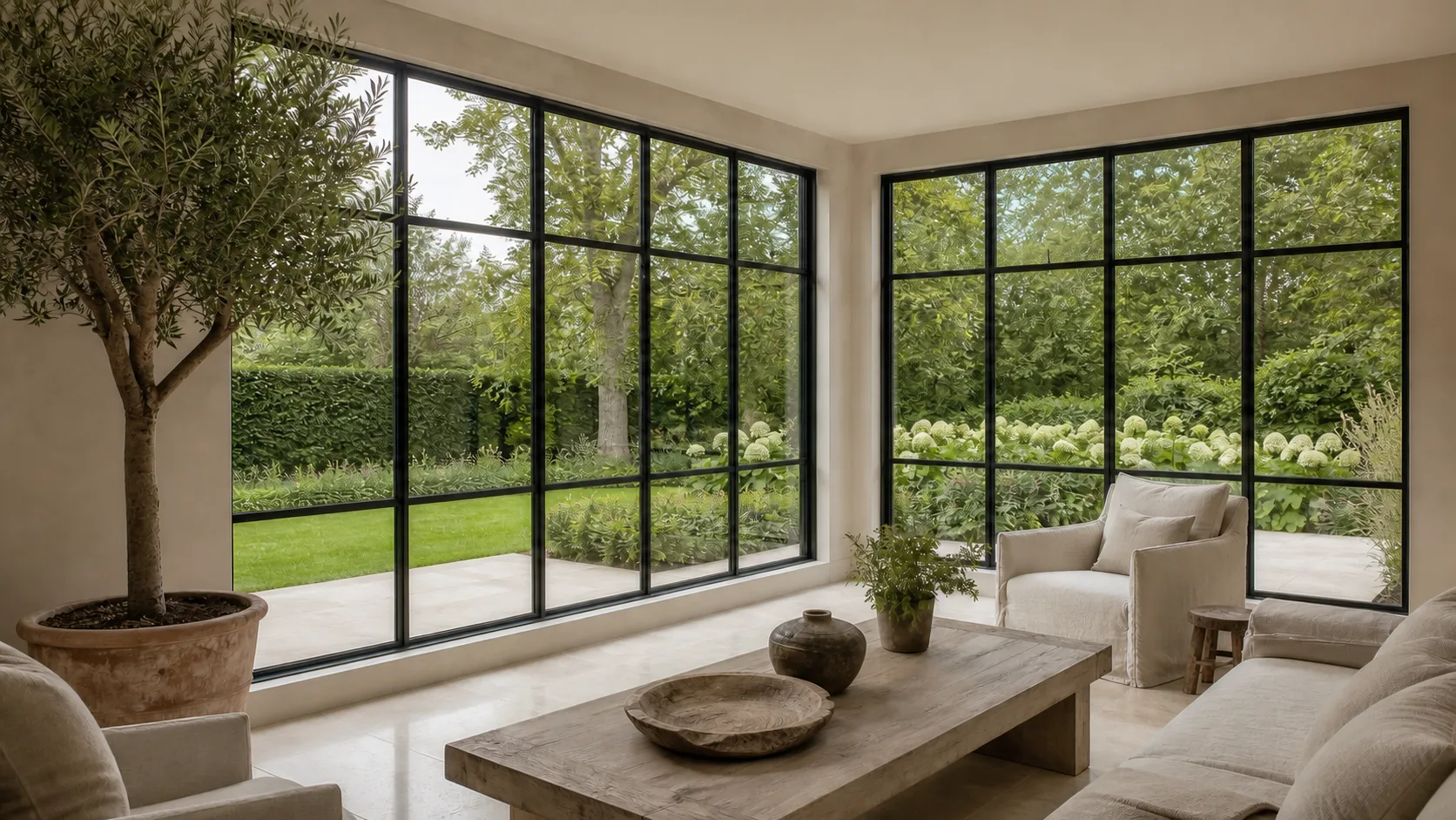 Connected matte-black steel window walls overlooking a formal green garden