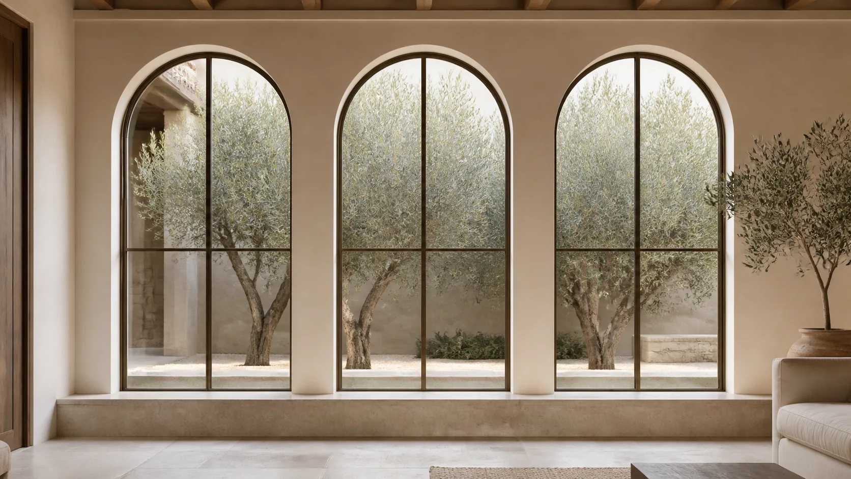 Three matching soft-arched bronze windows on a Mediterranean residence