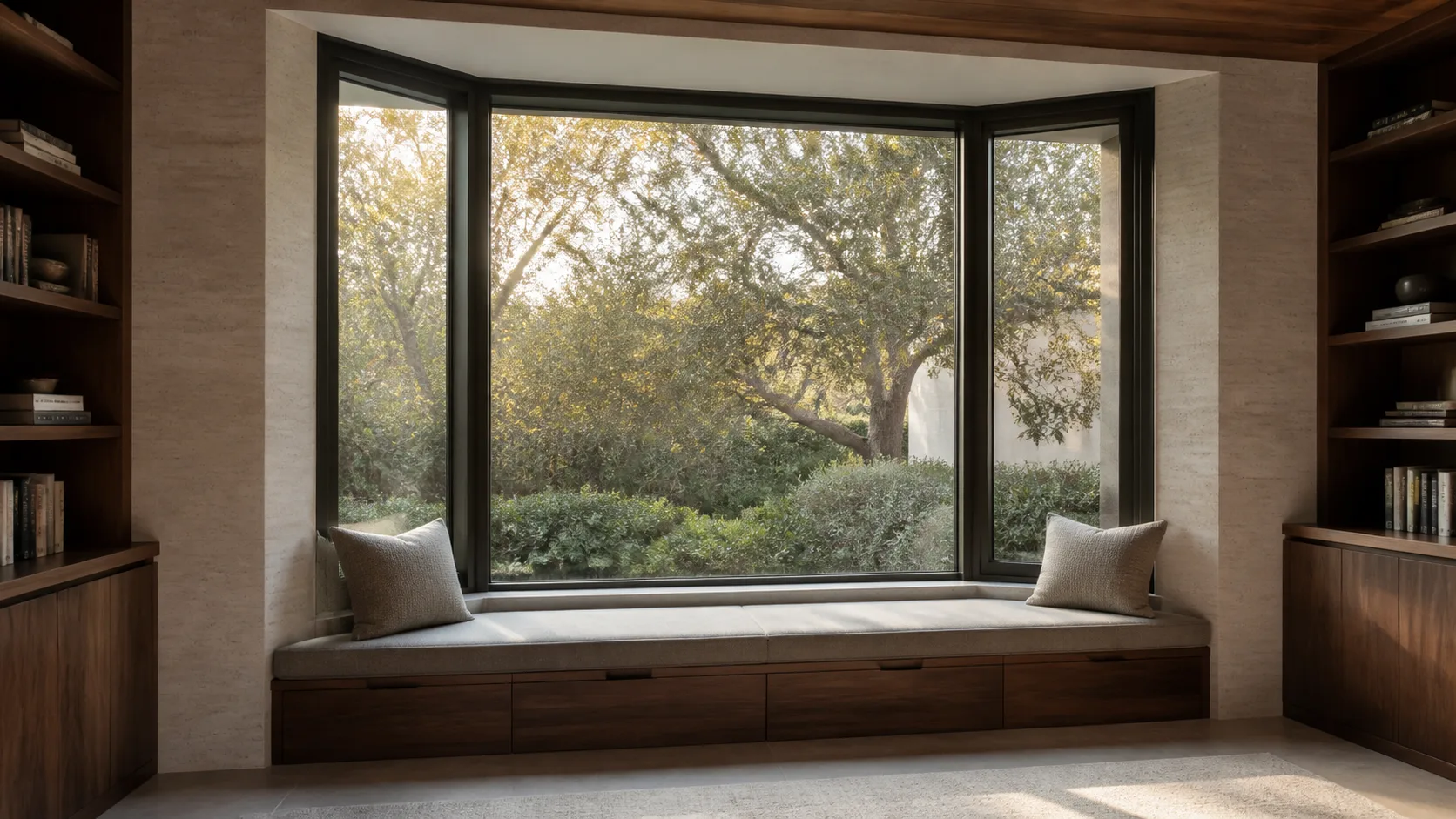 Faceted bronze bay window with an integrated seat in a warm walnut library