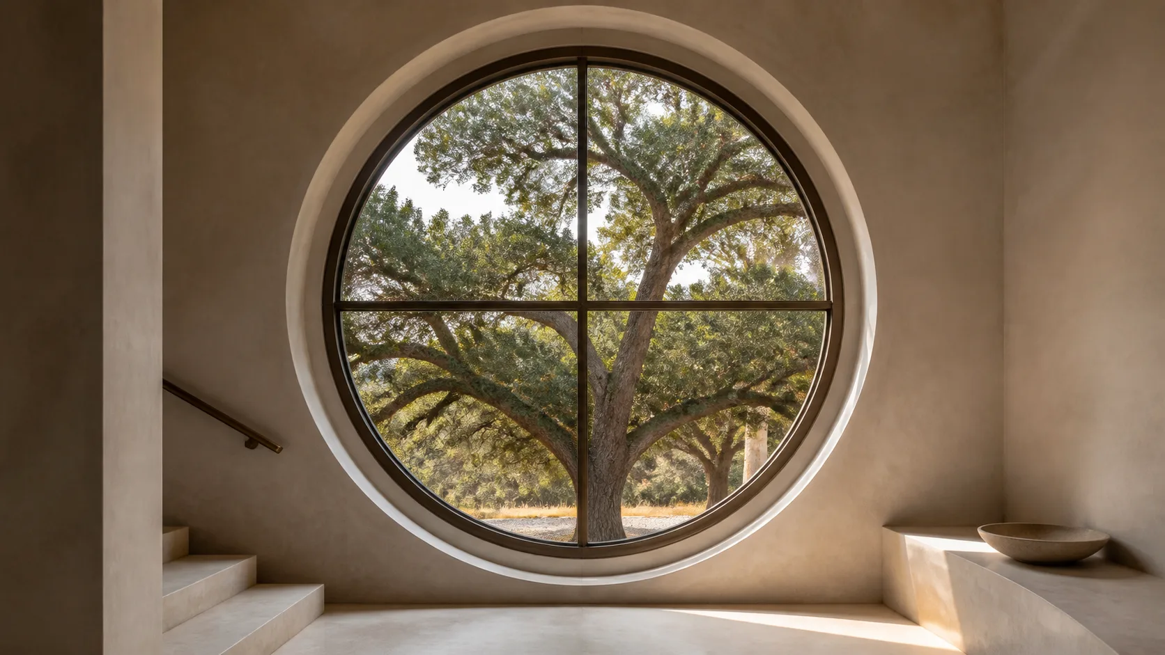 Monumental circular bronze oculus window divided into four quadrants