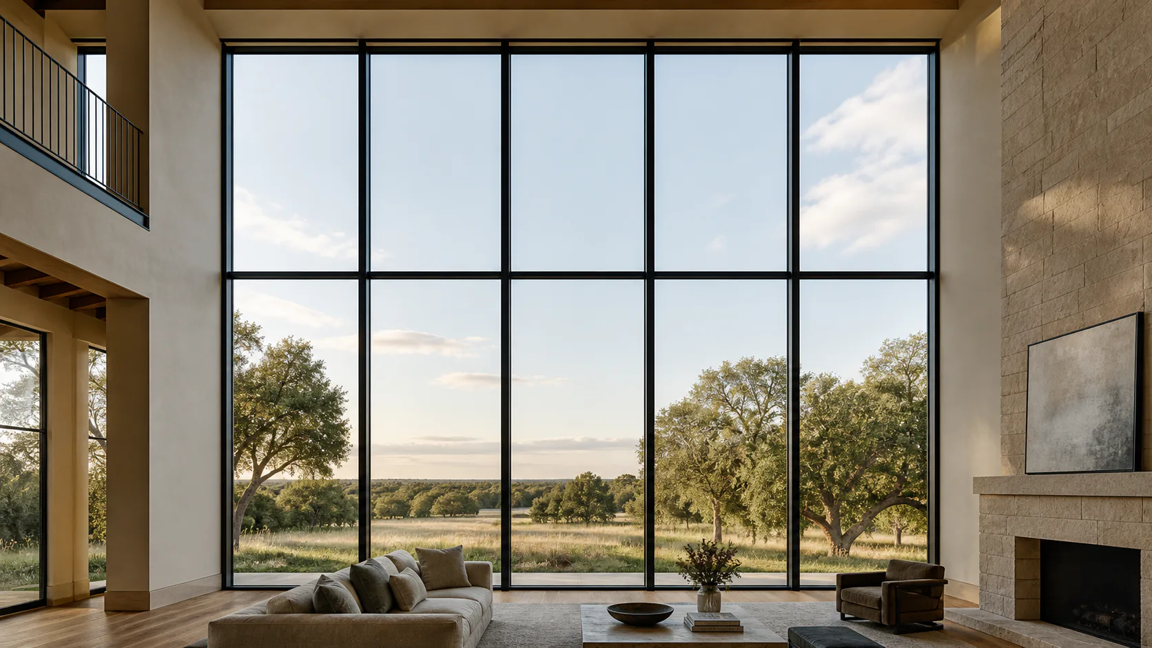 Double-height graphite steel window wall with five panoramic bays overlooking an Argyle pasture