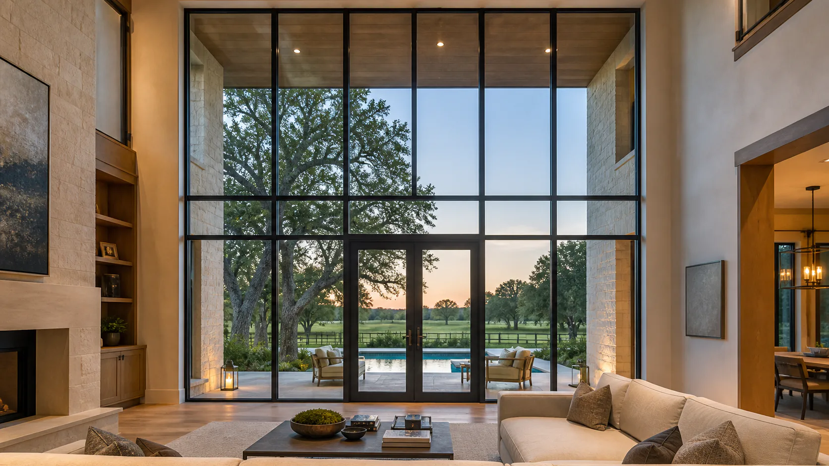Twenty-foot steel window wall with centered glass doors opening to a terrace and pool
