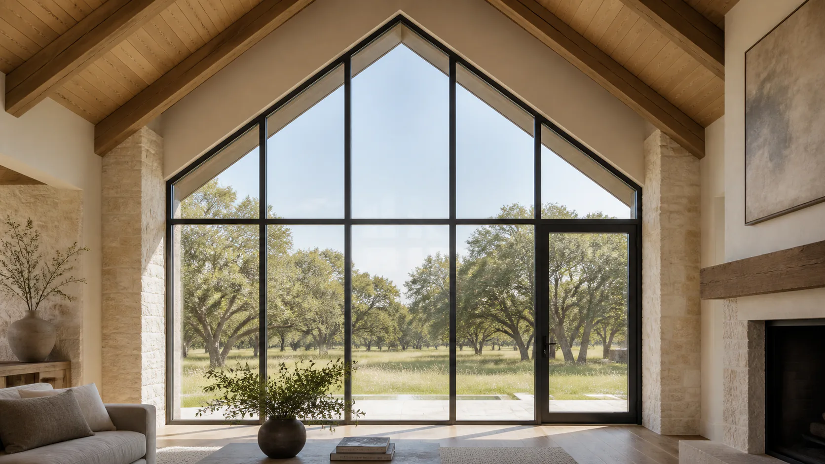 Gabled floor-to-peak steel window wall in a vaulted limestone family room