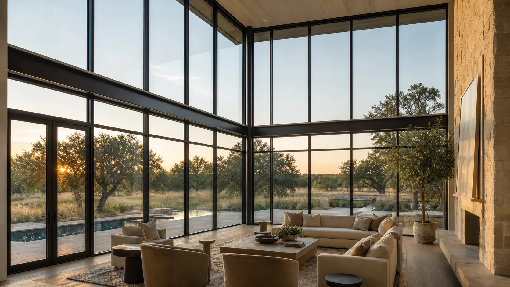 Double-height steel window wall wrapping a bright interior