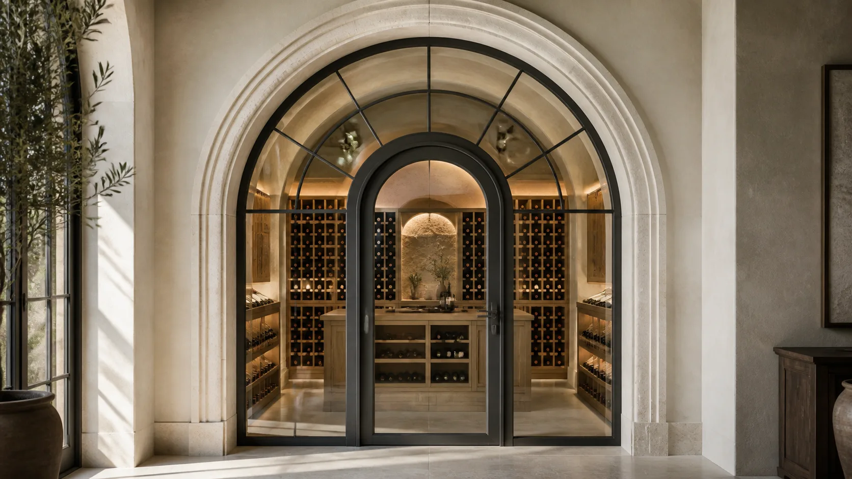Arched bronze-and-glass wine cellar entry framed in limestone
