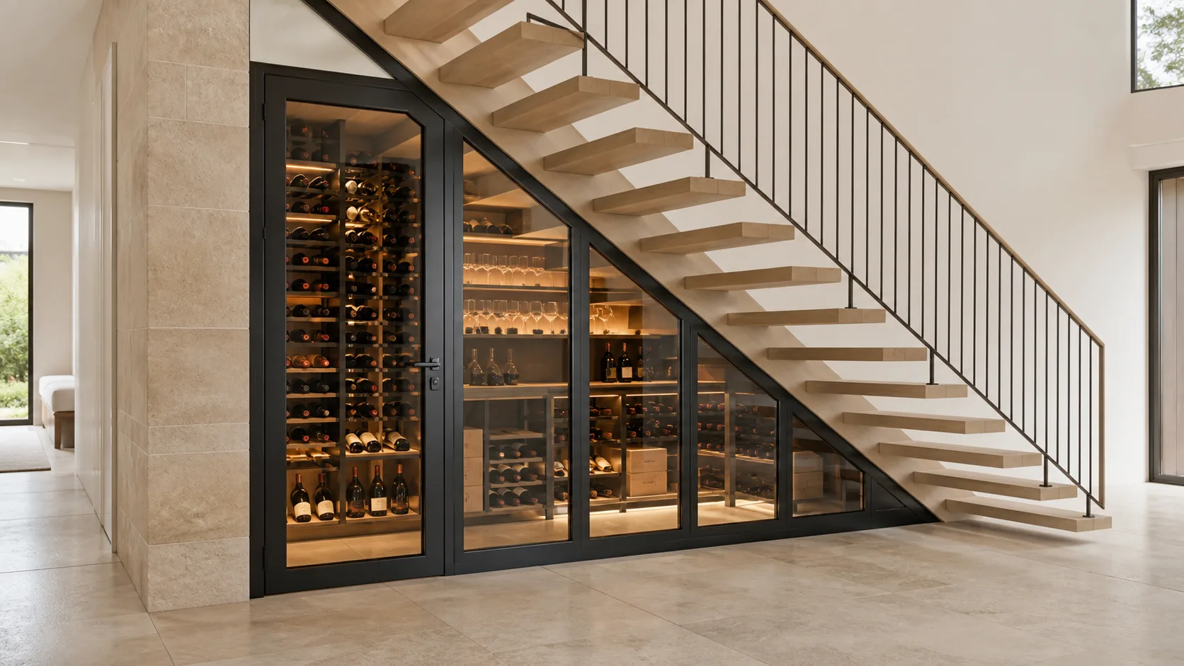 Steel-and-glass wine room fitted beneath a floating staircase