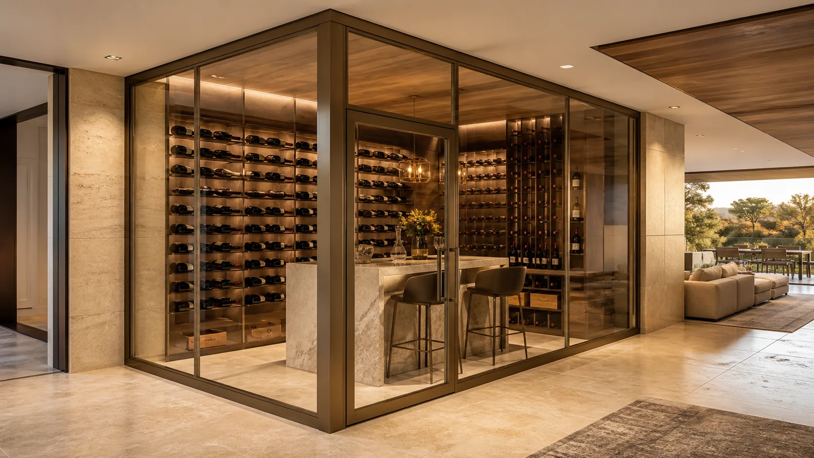 Warm-bronze corner wine enclosure with an integrated tasting bar