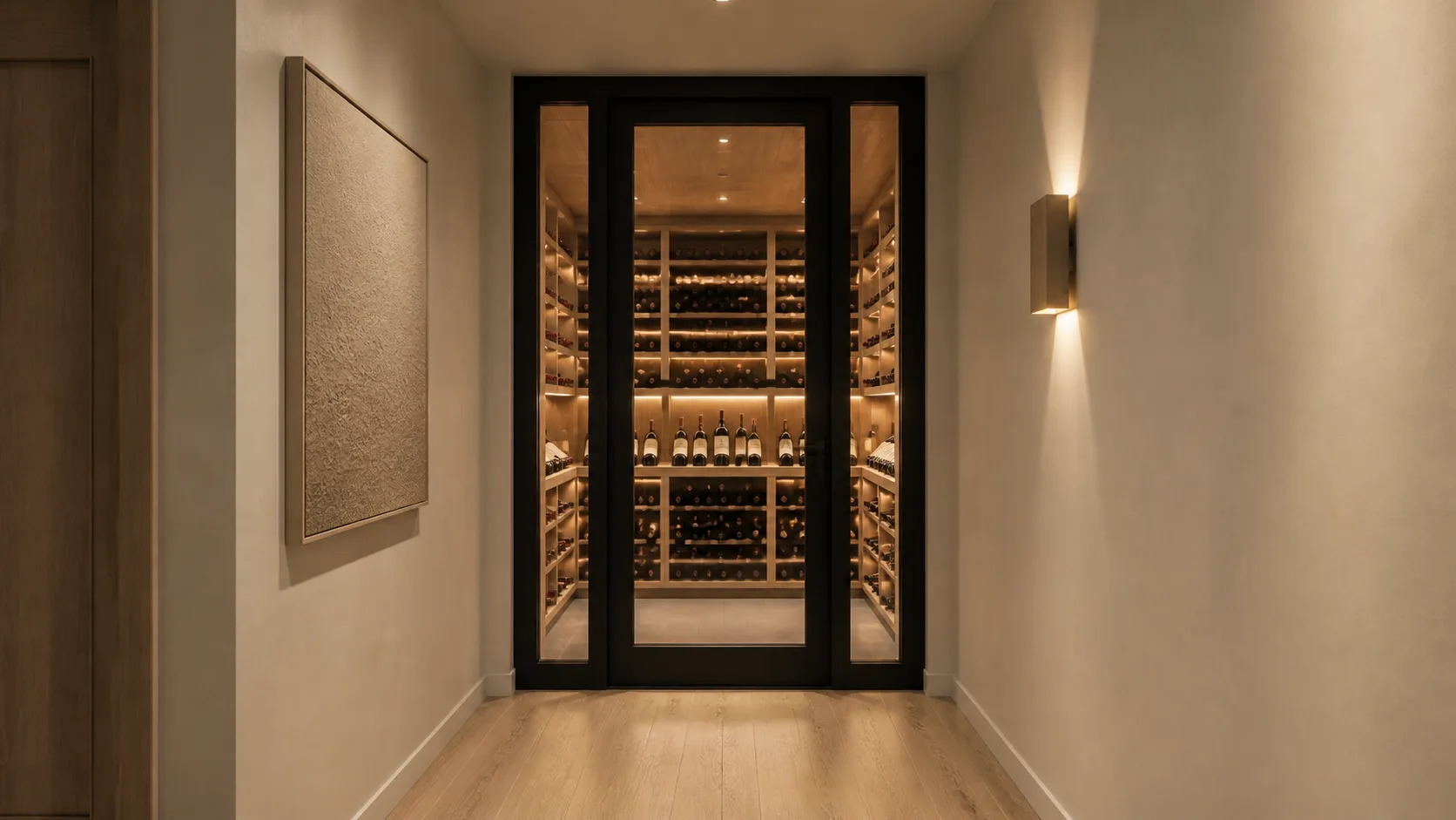 Narrow jewel-box wine cellar with slim black steel doors