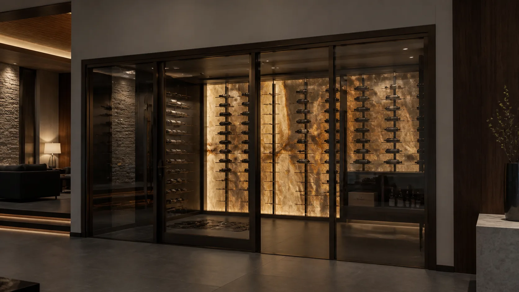 Smoked-glass wine room set against richly veined stone