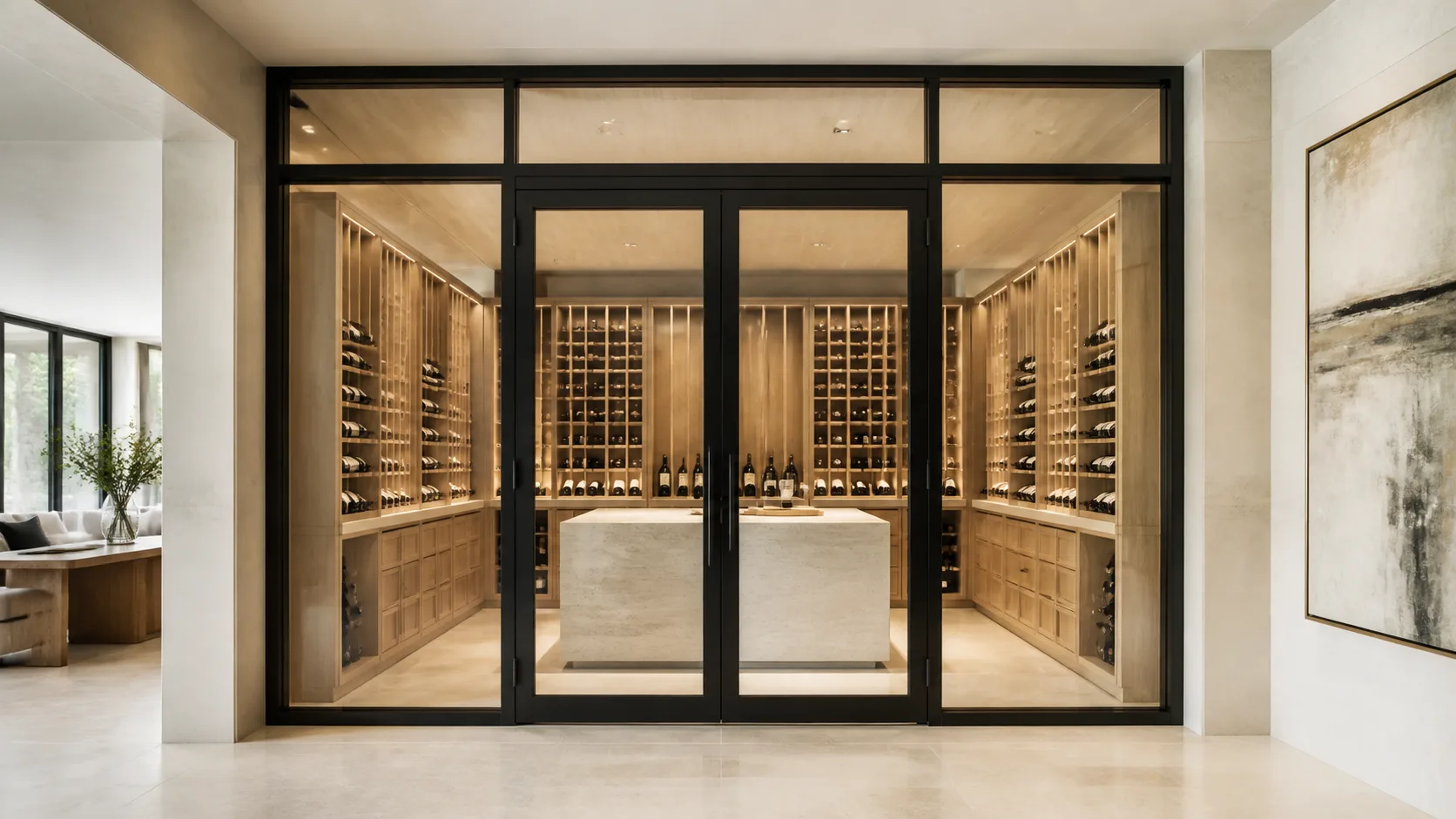 Steel-and-glass wine room with oak bottle walls and a central tasting island
