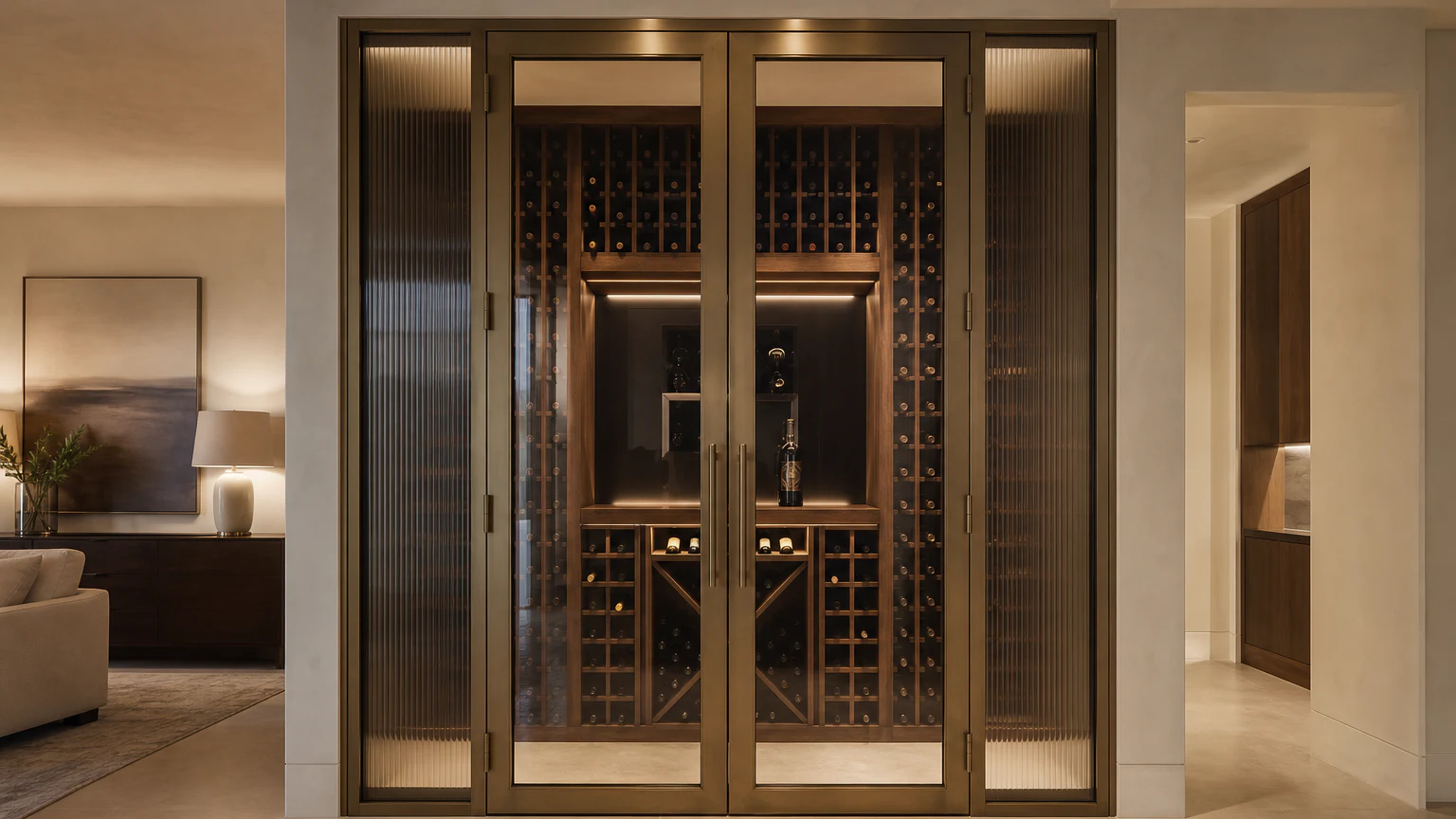 Bronze wine-room design with fluted side glazing and double glass doors