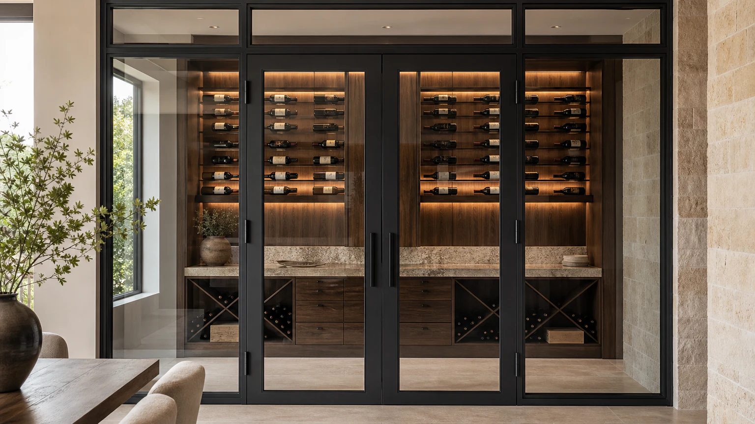 Black steel wine-wall design with double glass doors and fixed side panels