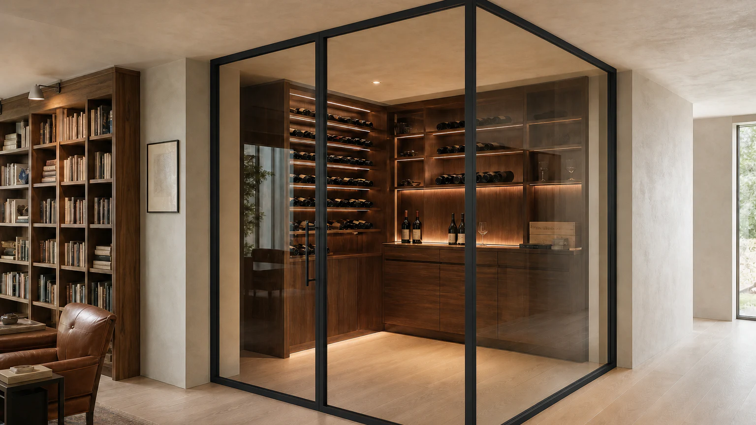 Slim black steel corner wine-room design with two glass walls