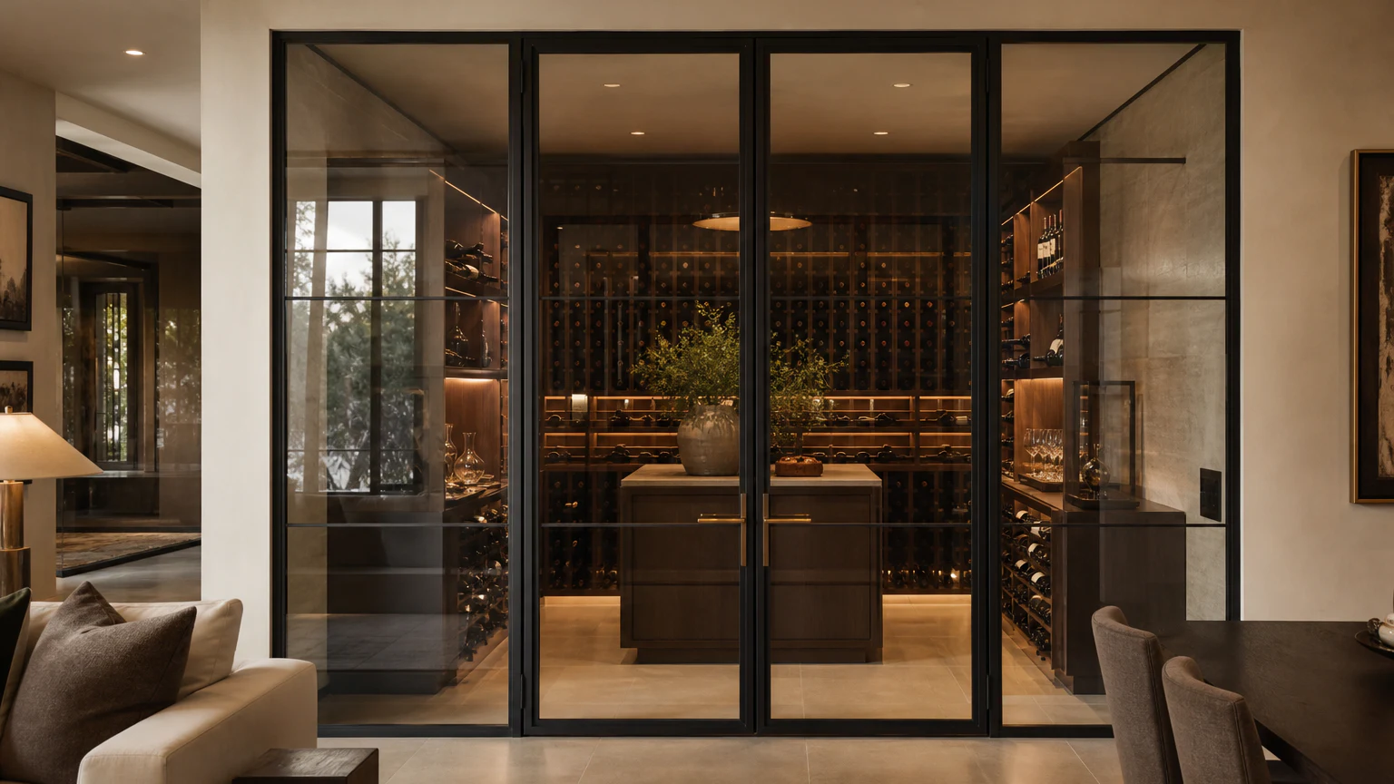 Warm modern steel-and-glass wine-room design with full-height clear glazing