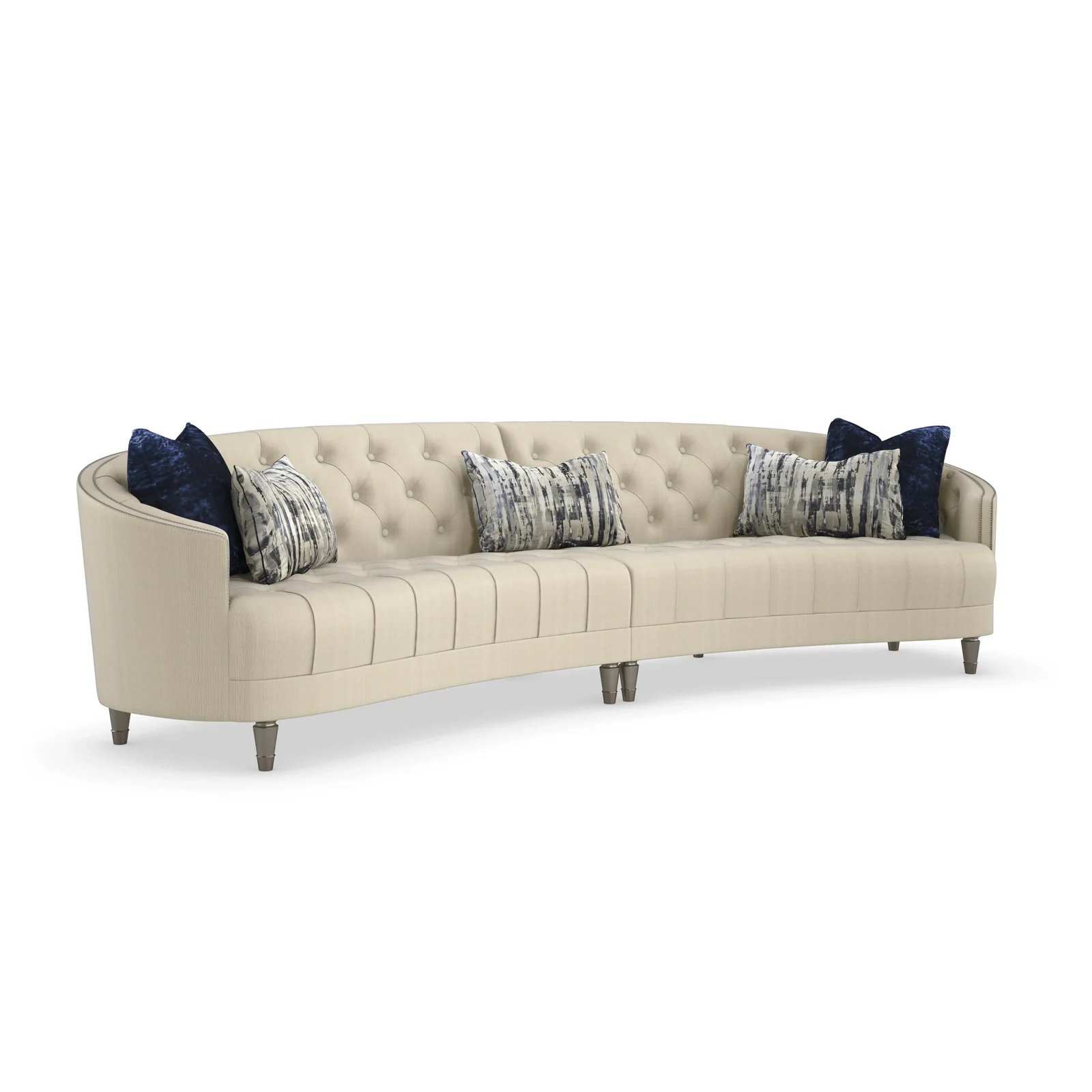 Complete Caracole two-piece sectional with left-arm-facing and right-arm-facing sofas in Aged Sterling