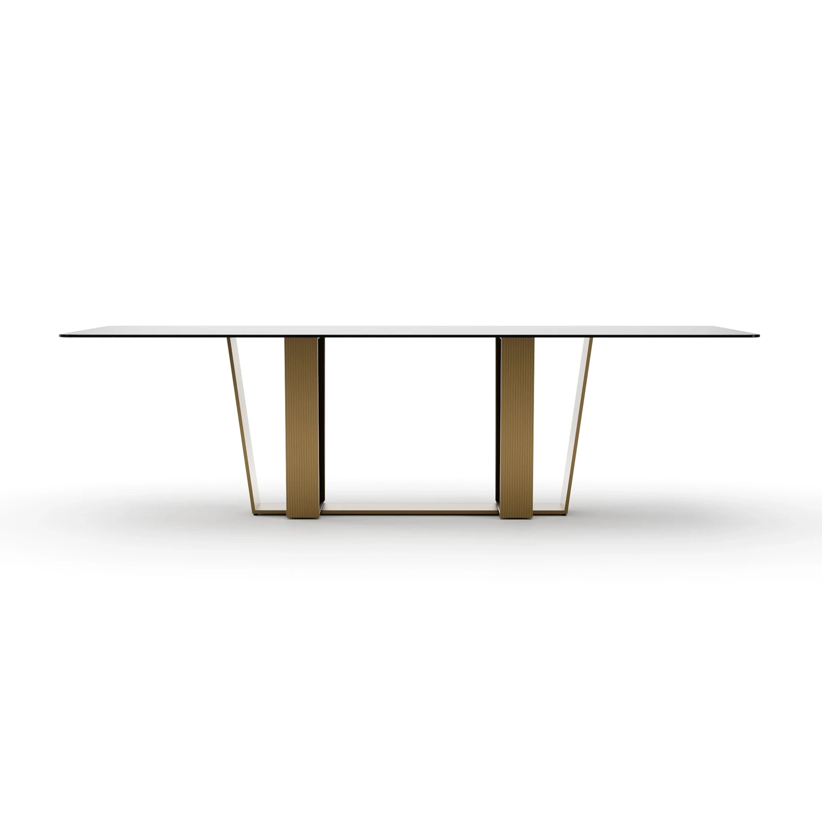 Caracole Counter Balance Dining Table in Brushed Gold with Smoked Bronze glass top — front view