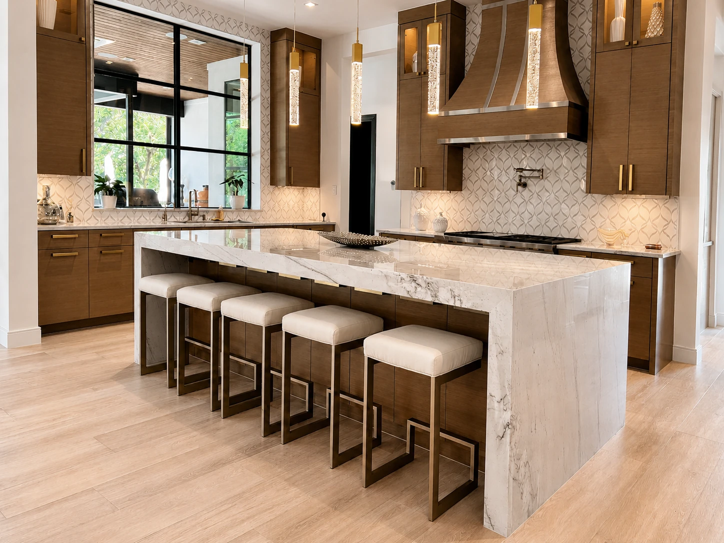 Key Barstool by D'Hierro — five at a kitchen island, Metallic Brass finish