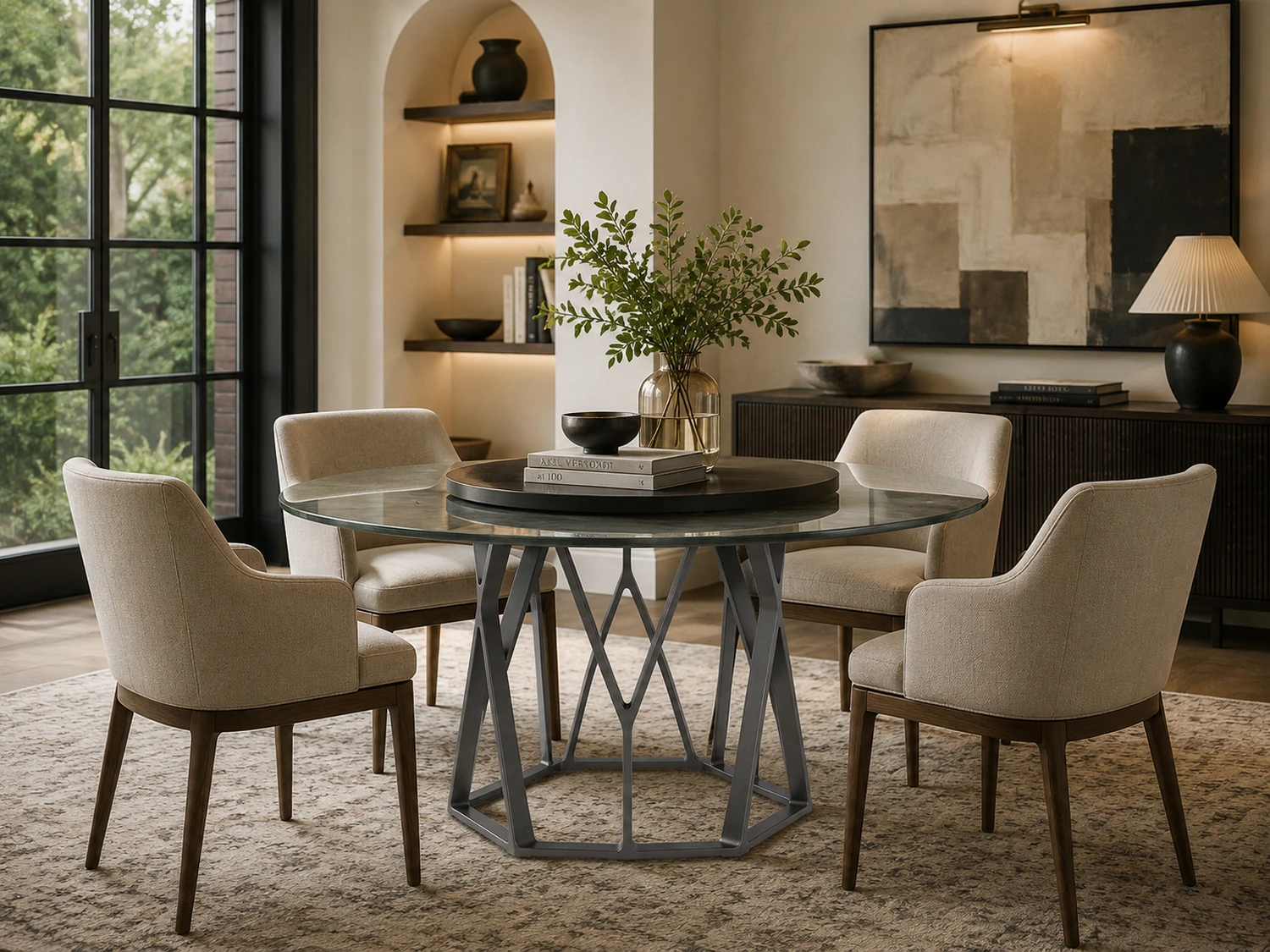 Ramas Dining Base by D'Hierro in Graphite under a round glass top, the faceted base visible through the glass