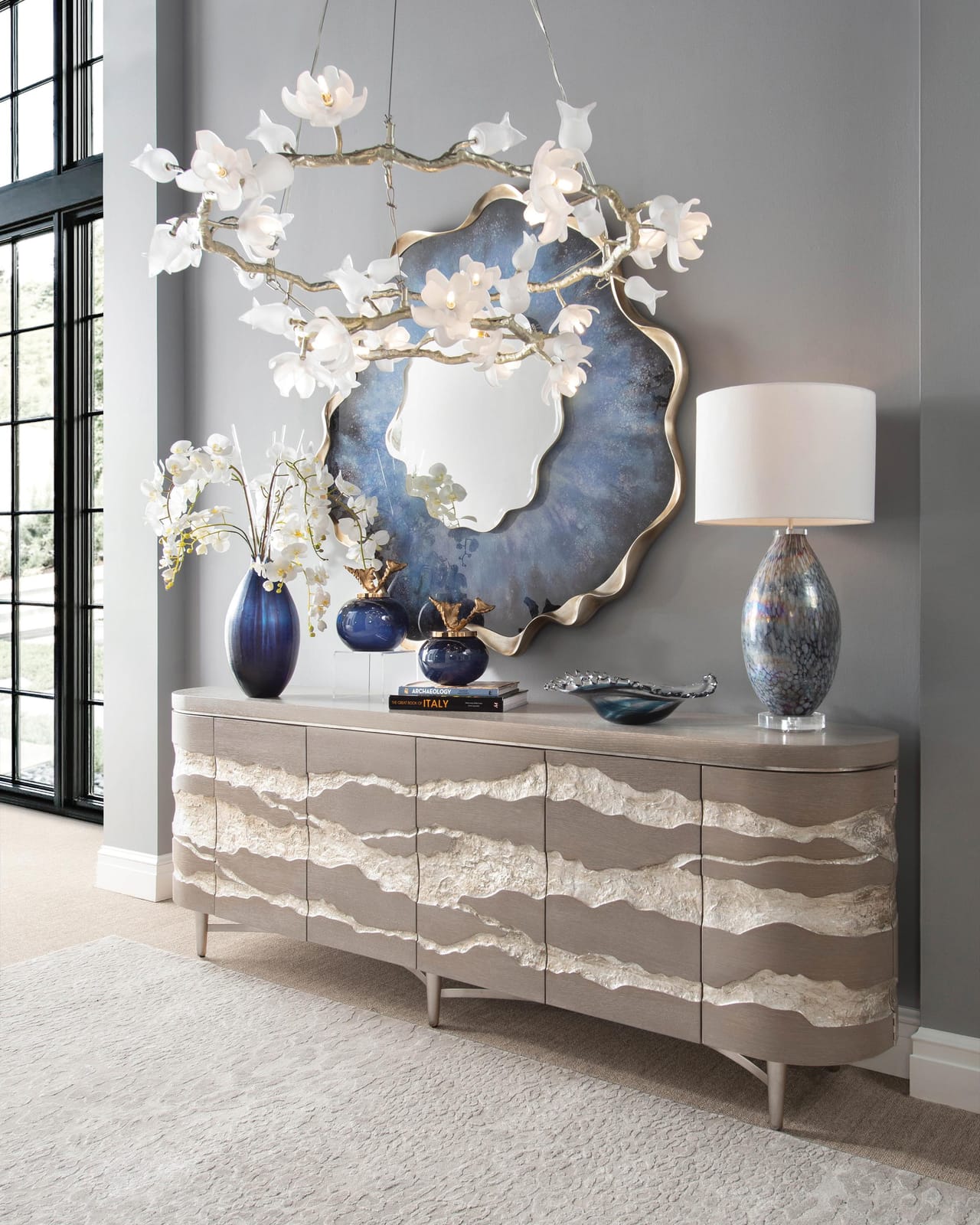 John Richard Churippu Magnolia & Tulip Glass Silver Leaf Twelve-Light Halo Chandelier official image 7