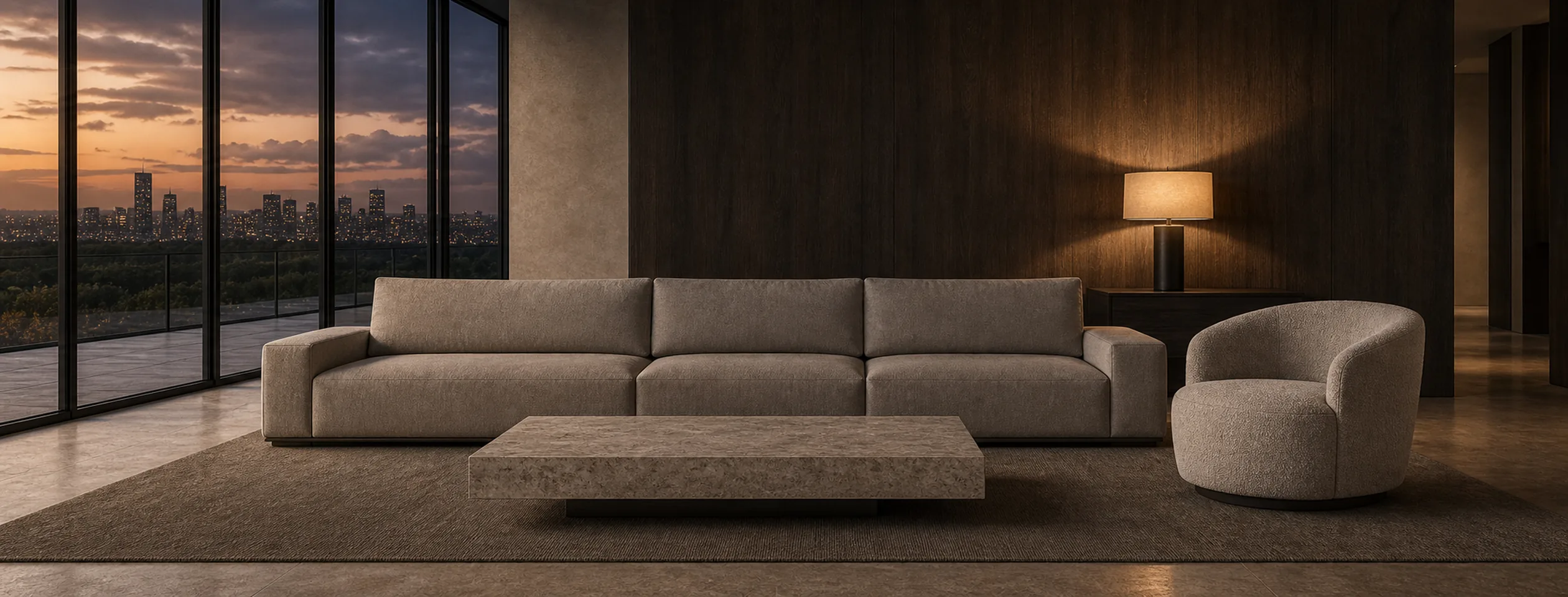 A composed living room at dusk behind steel-framed windows