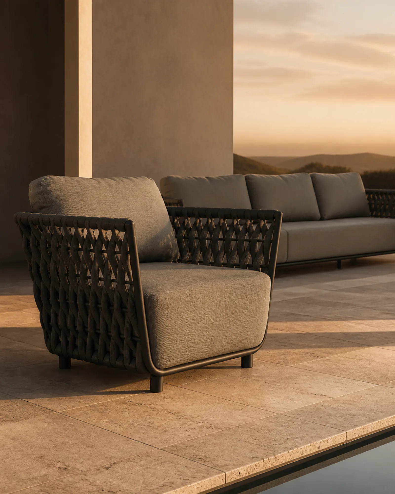 Outdoor terrace at dusk