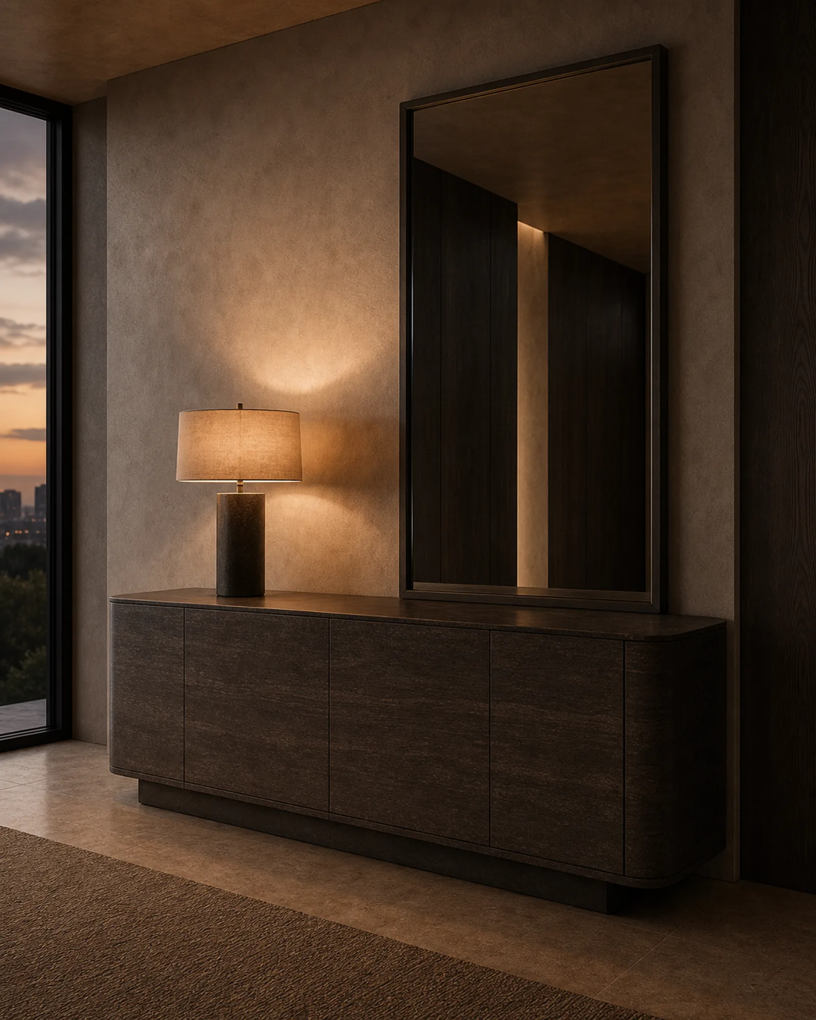 Storage and decor — warm interior with sideboard, mirror, and lamp