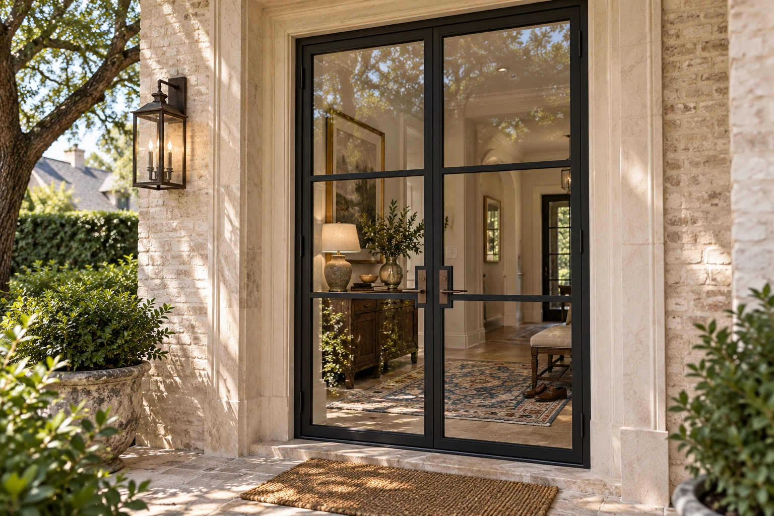 Slim hinged pair; main covered entrance in warm painted brick and pale texas limestone