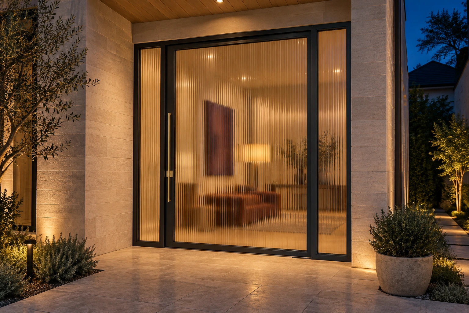 Reeded pivot and sidelights; private front entrance with sidelights