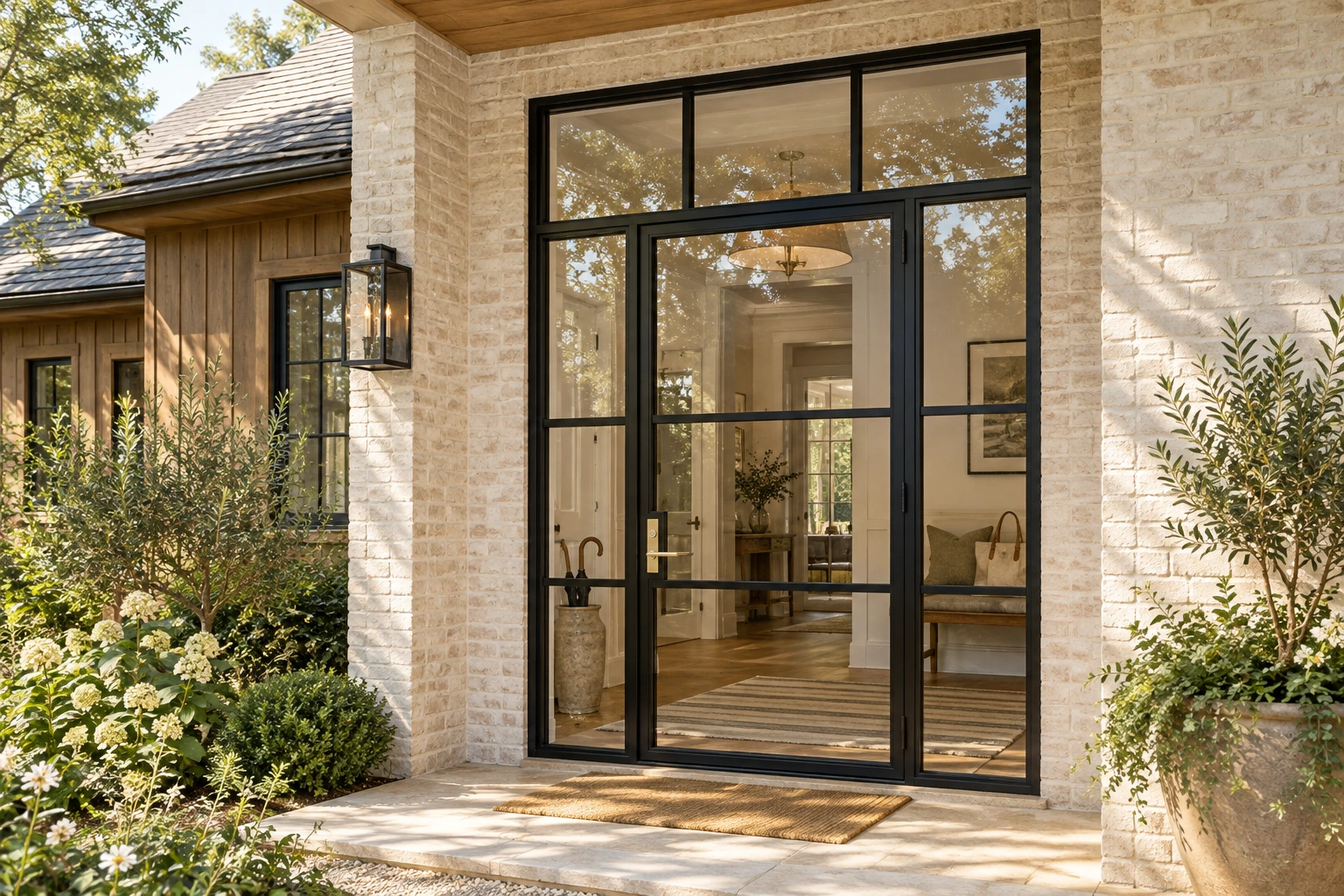 Entry with sidelights and transom; main front entrance