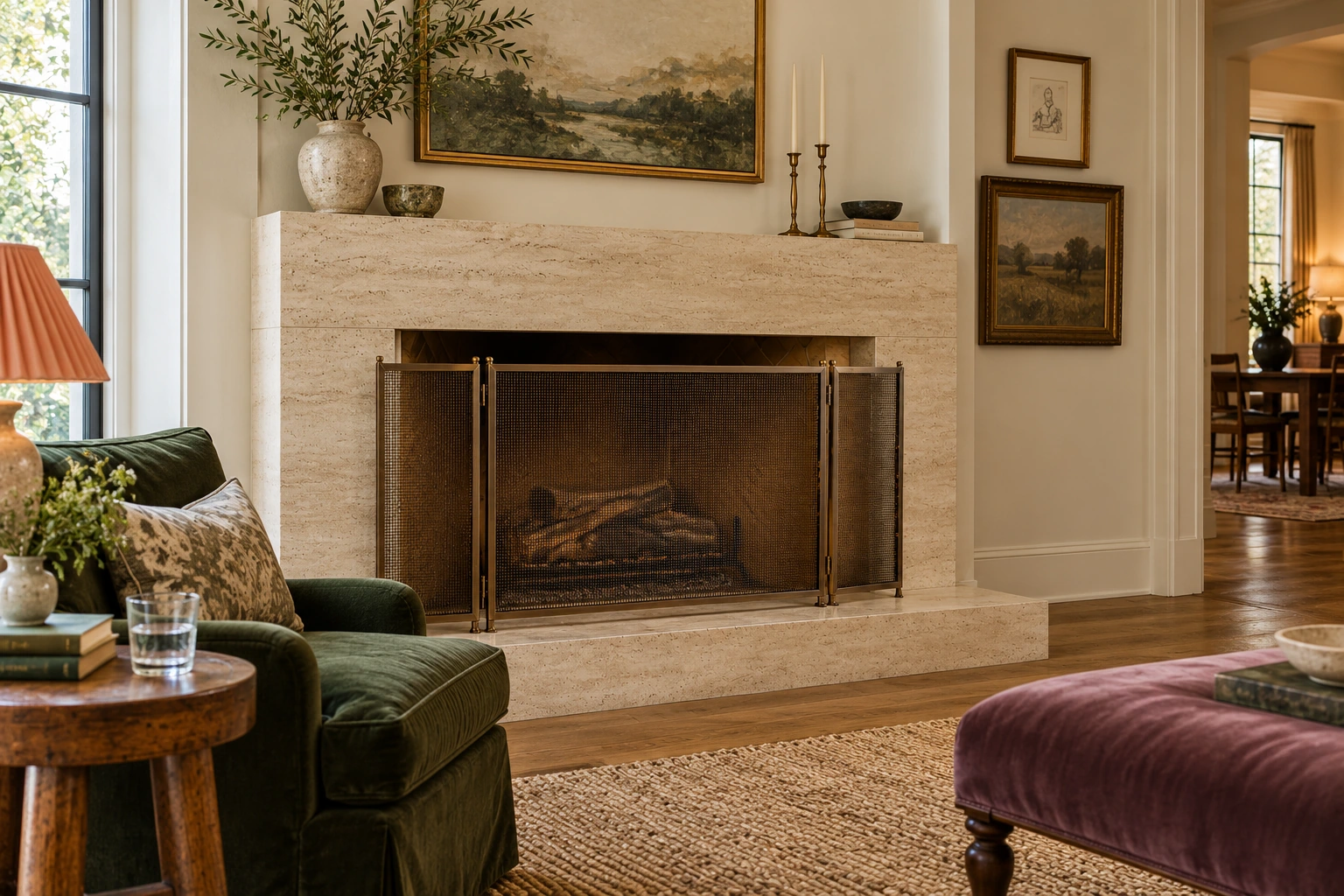 Freestanding or bronze fireplace screen; collected sitting room