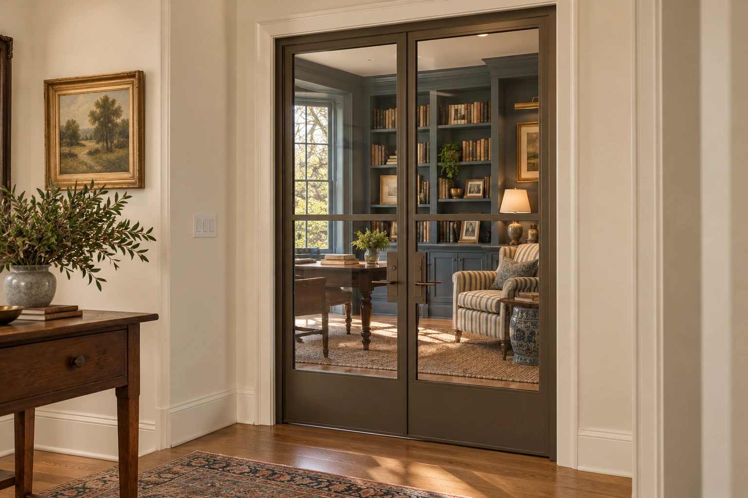 Library double doors; hall to blue-gray library