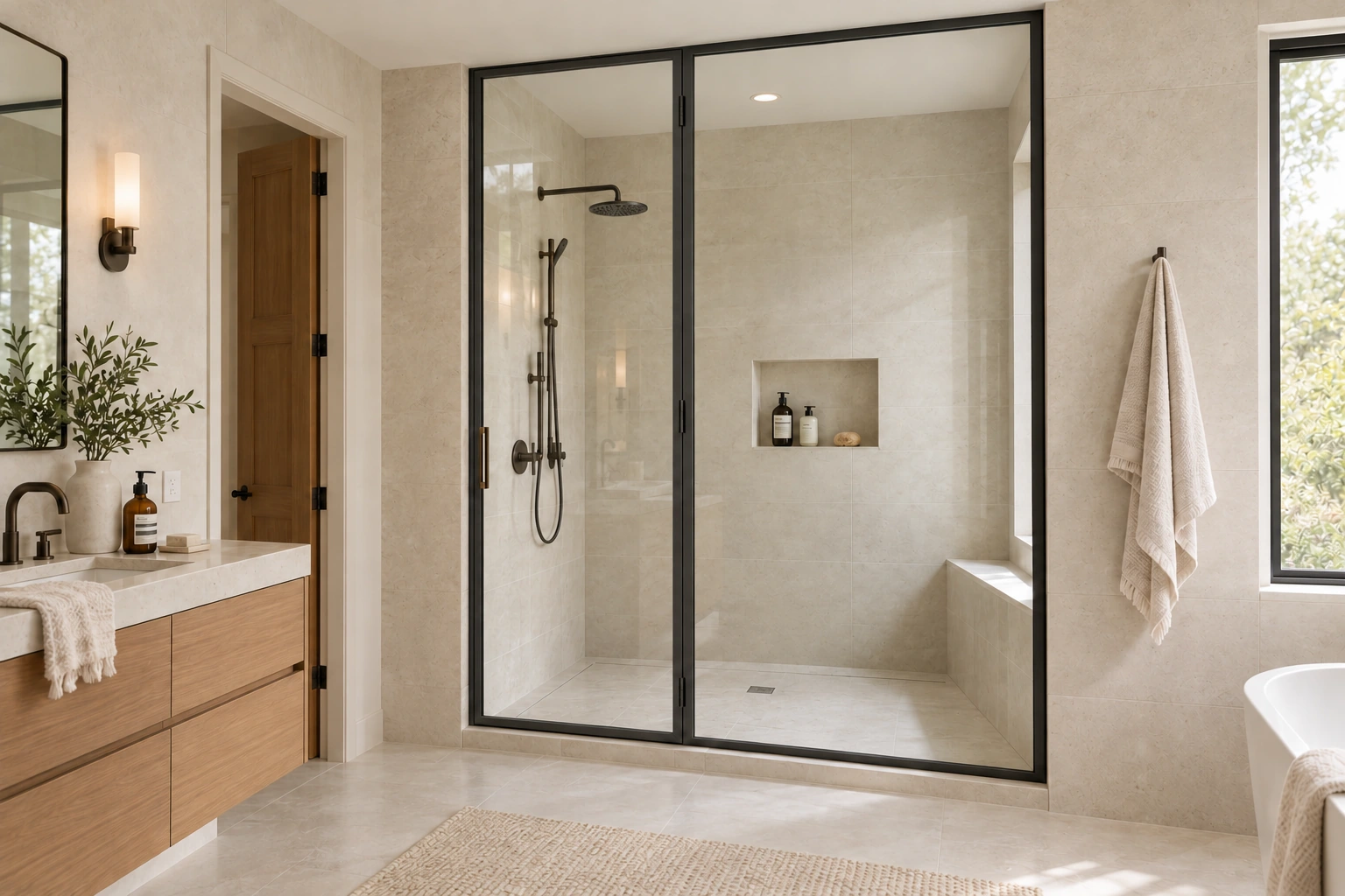 Straight slim shower enclosure; primary bath