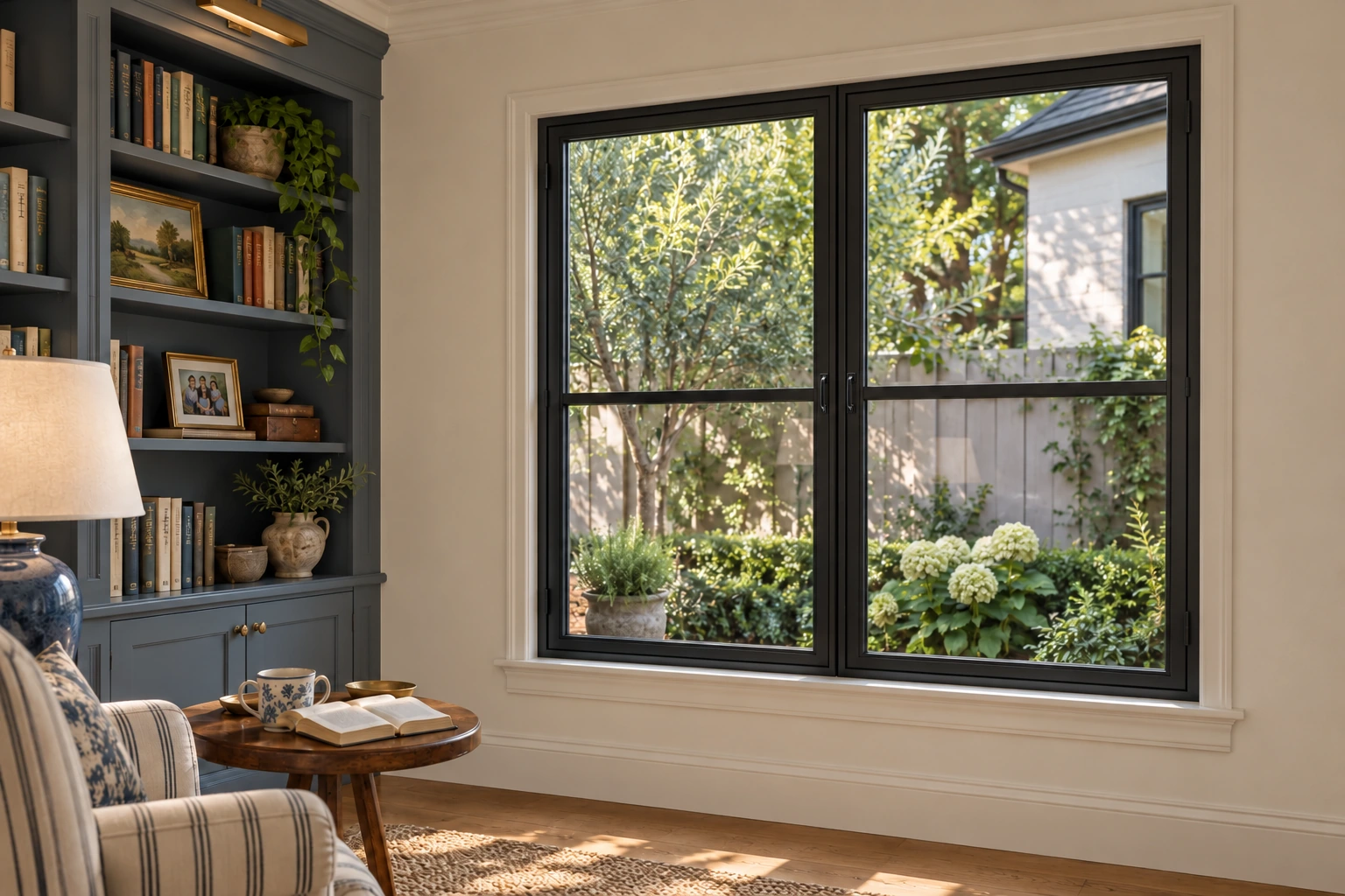 Paired casements; library garden reading corner