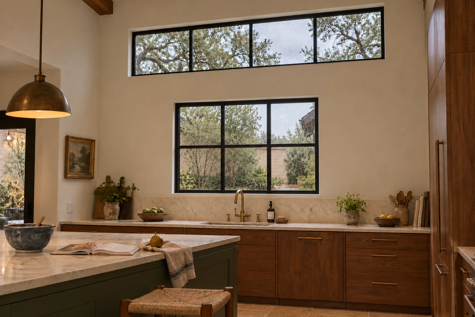 Clerestory and courtyard windows; kitchen and courtyard elevation