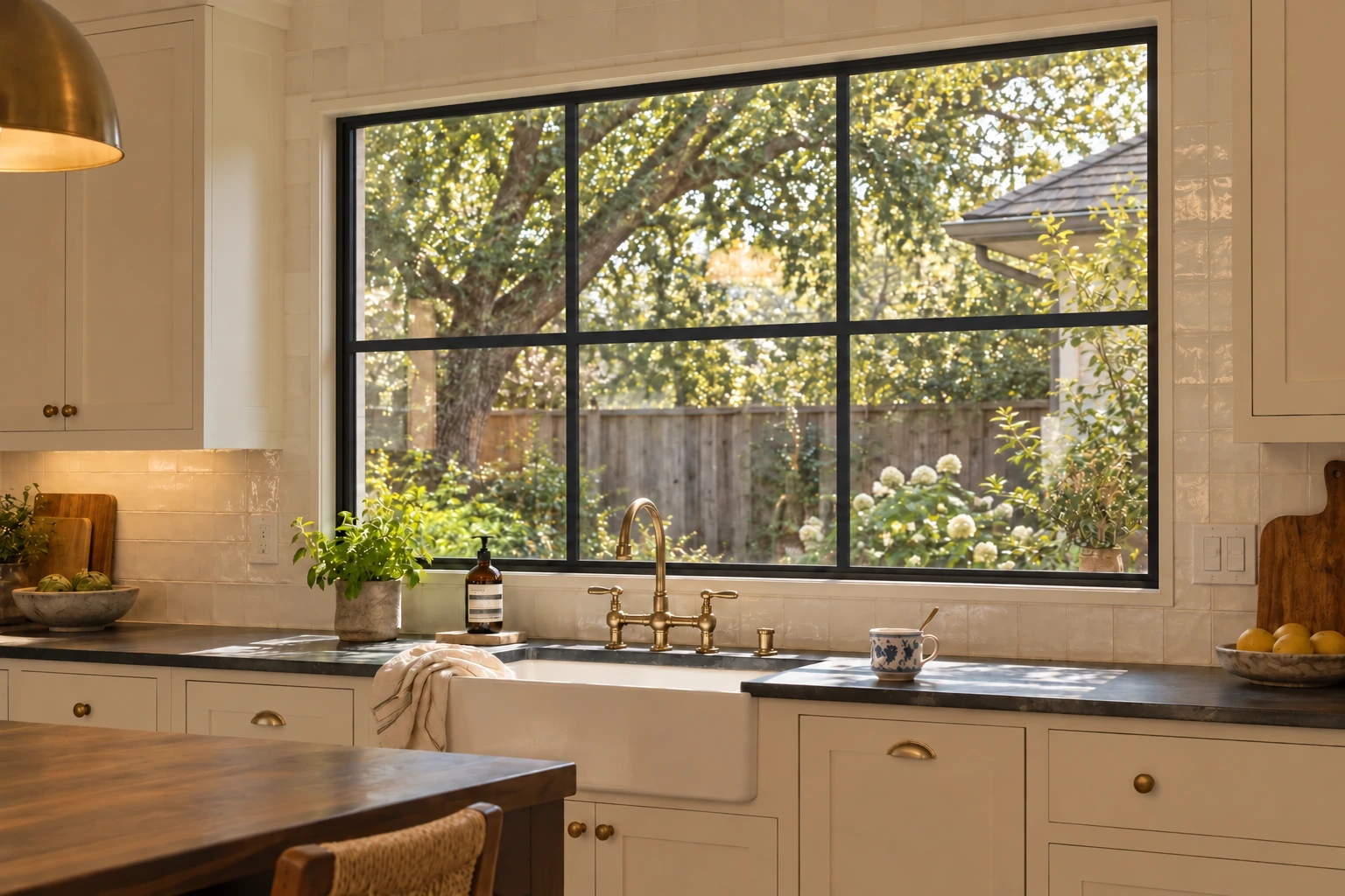 Wide kitchen window; kitchen sink wall