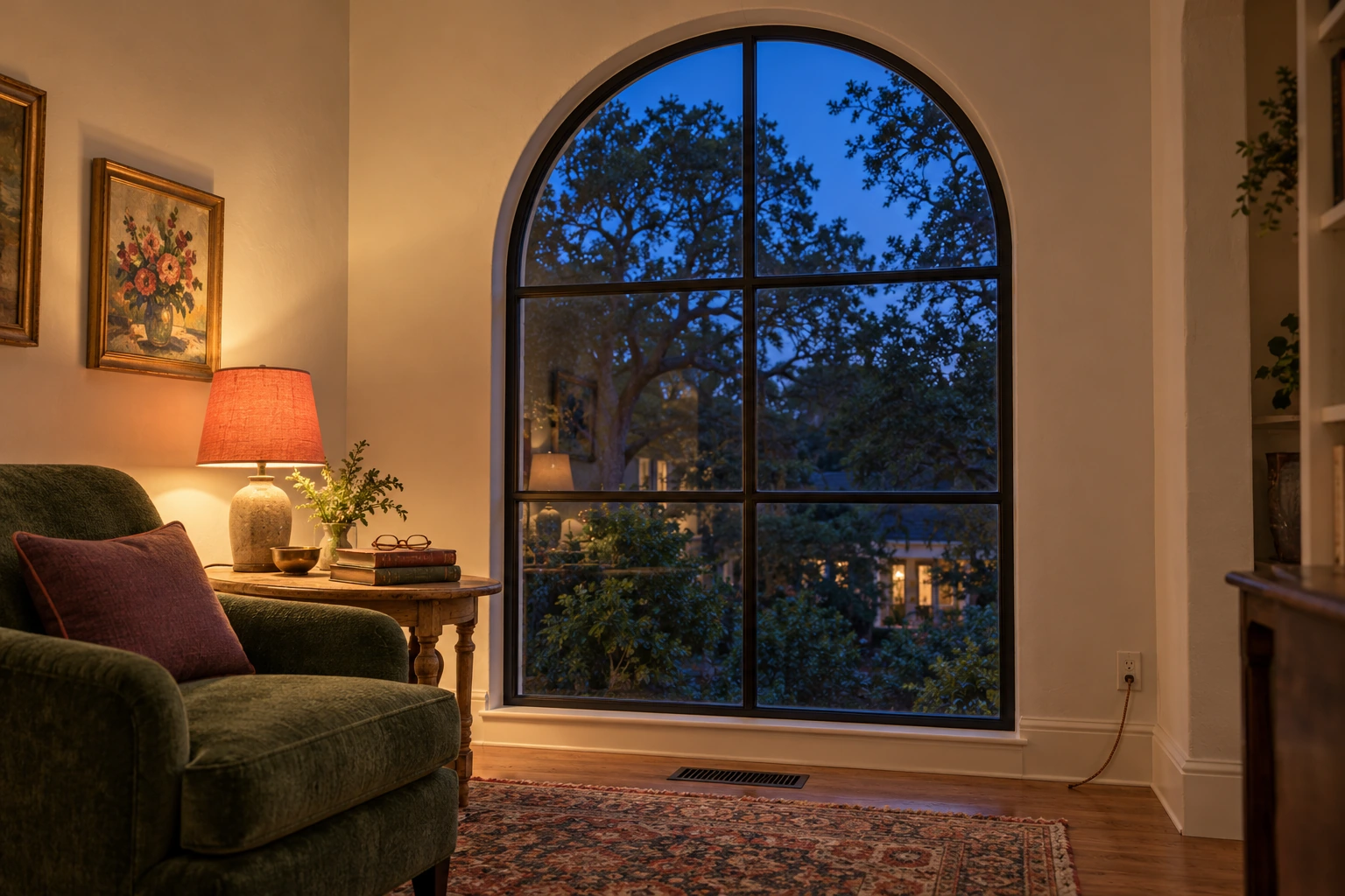 Arched accent window; upper hall reading alcove