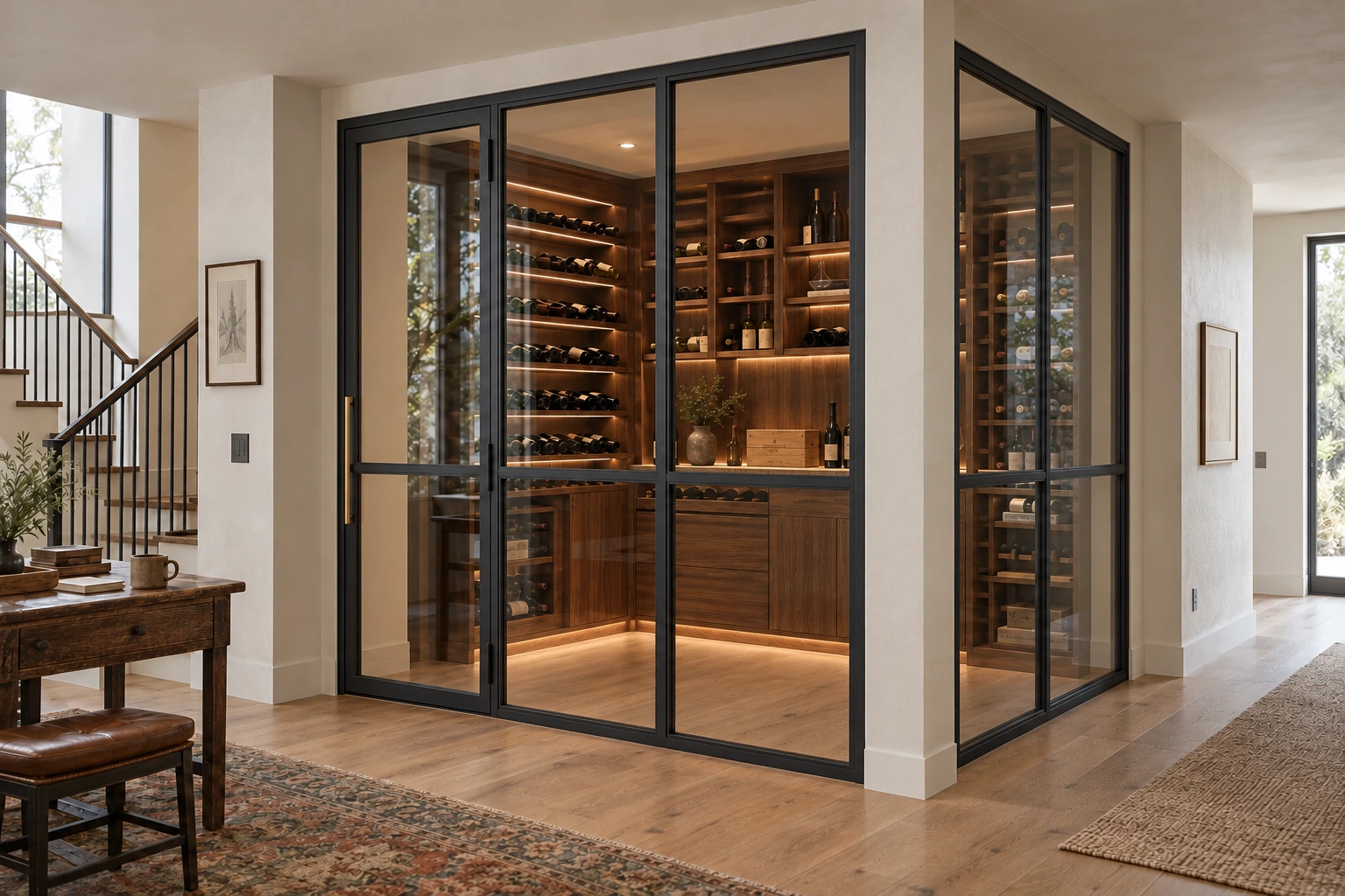 Corner wine enclosure; wine room beside the stair